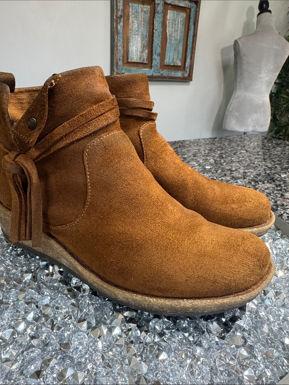 Born Women's Cognac Suede Ankle Booties with Side Tie - Picture 4 of 16